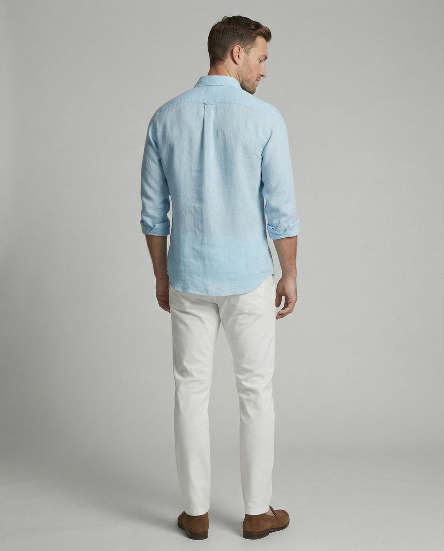 Laurens Linen Shirt with Stand Collar and Long Sleeve in Olive Green