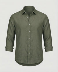 Laurens Linen Shirt with Stand Collar and Long Sleeve in Olive Green