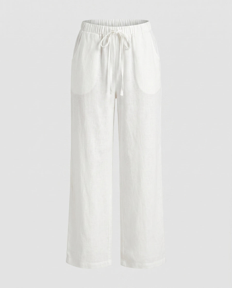 Lavinia Casual Linen Joggers with Elastic Waist and Pockets in White