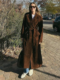 Lavinia Elegant Leather Coat with Belted in Brown
