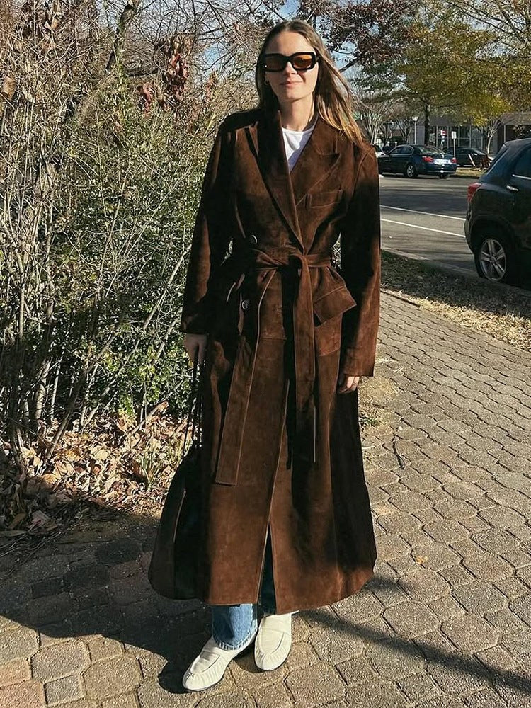 Lavinia Elegant Leather Coat with Belted in Brown
