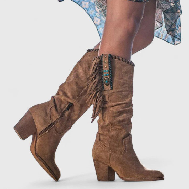 Lavinia Women's Fringe Knee High Boots in Brown