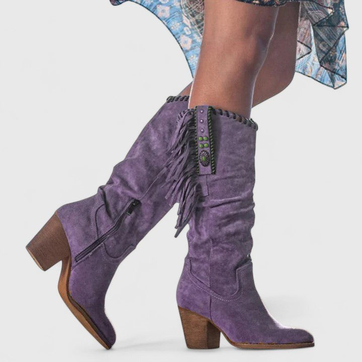 Lavinia Women's Fringe Knee High Boots in Purple