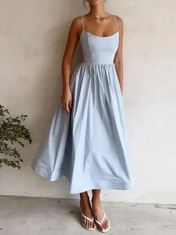 Lavinia Women's Spaghetti Strap Midi Flare Dress in Blue