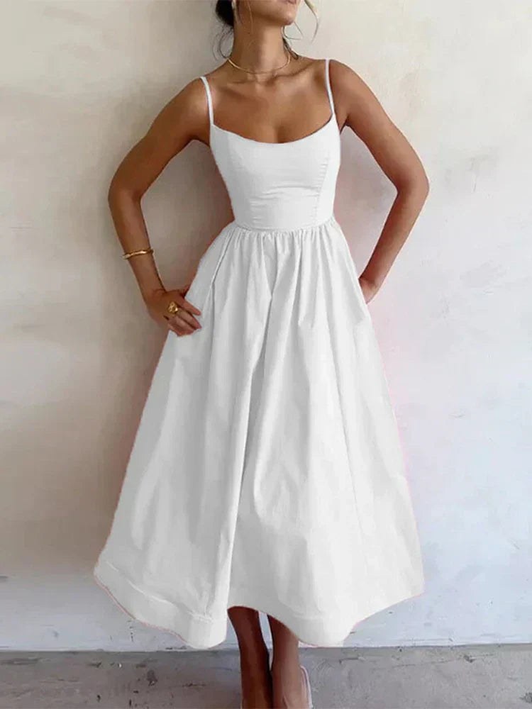 Lavinia Women's Spaghetti Strap Midi Flare Dress in White