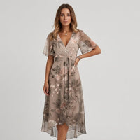 Lea Floral Wrap Midi Dress in Beige
