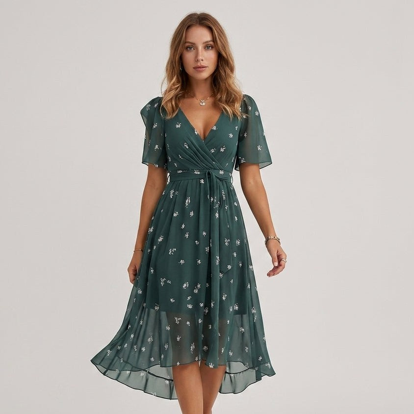Lea Floral Wrap Midi Dress in Blue Green