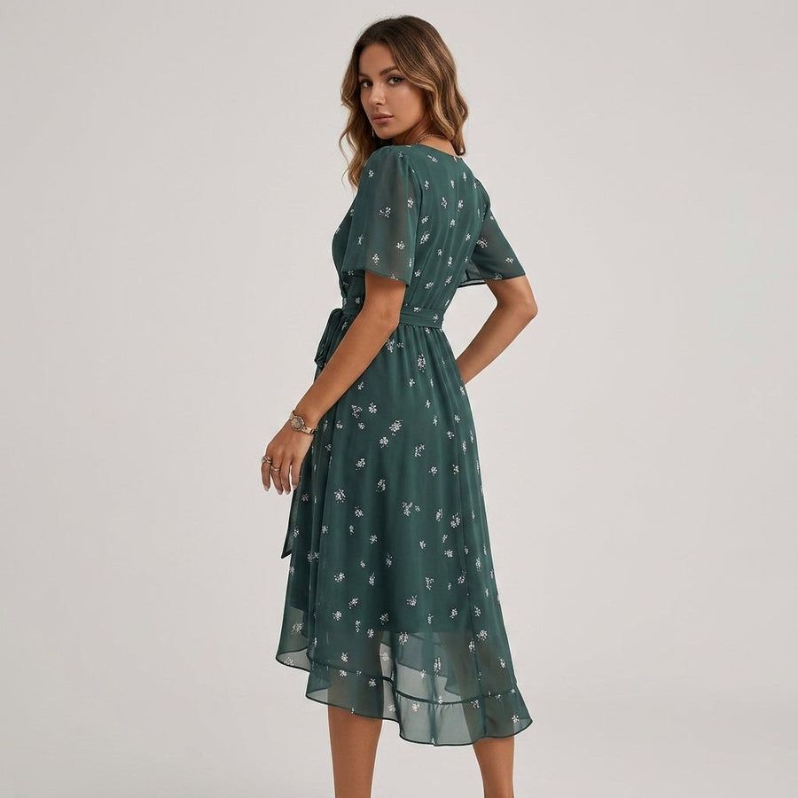 Lea Floral Wrap Midi Dress in Blue Green
