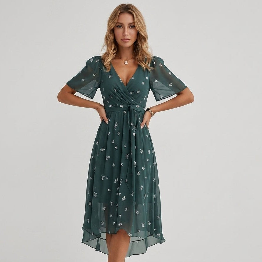 Lea Floral Wrap Midi Dress in Blue Green