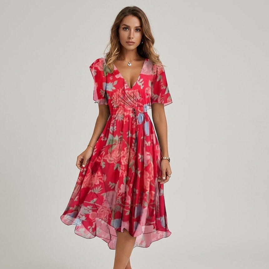Lea Floral Wrap Midi Dress in Cherry