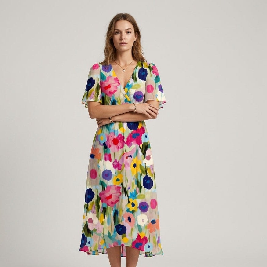 Lea Floral Wrap Midi Dress in Floral