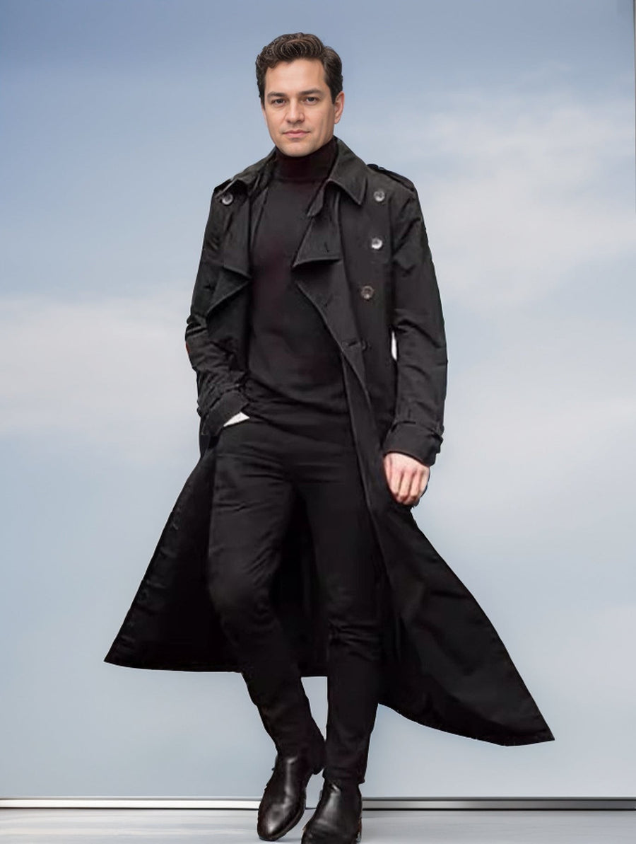Leander Elegant Trench Coat with Button Front in Black