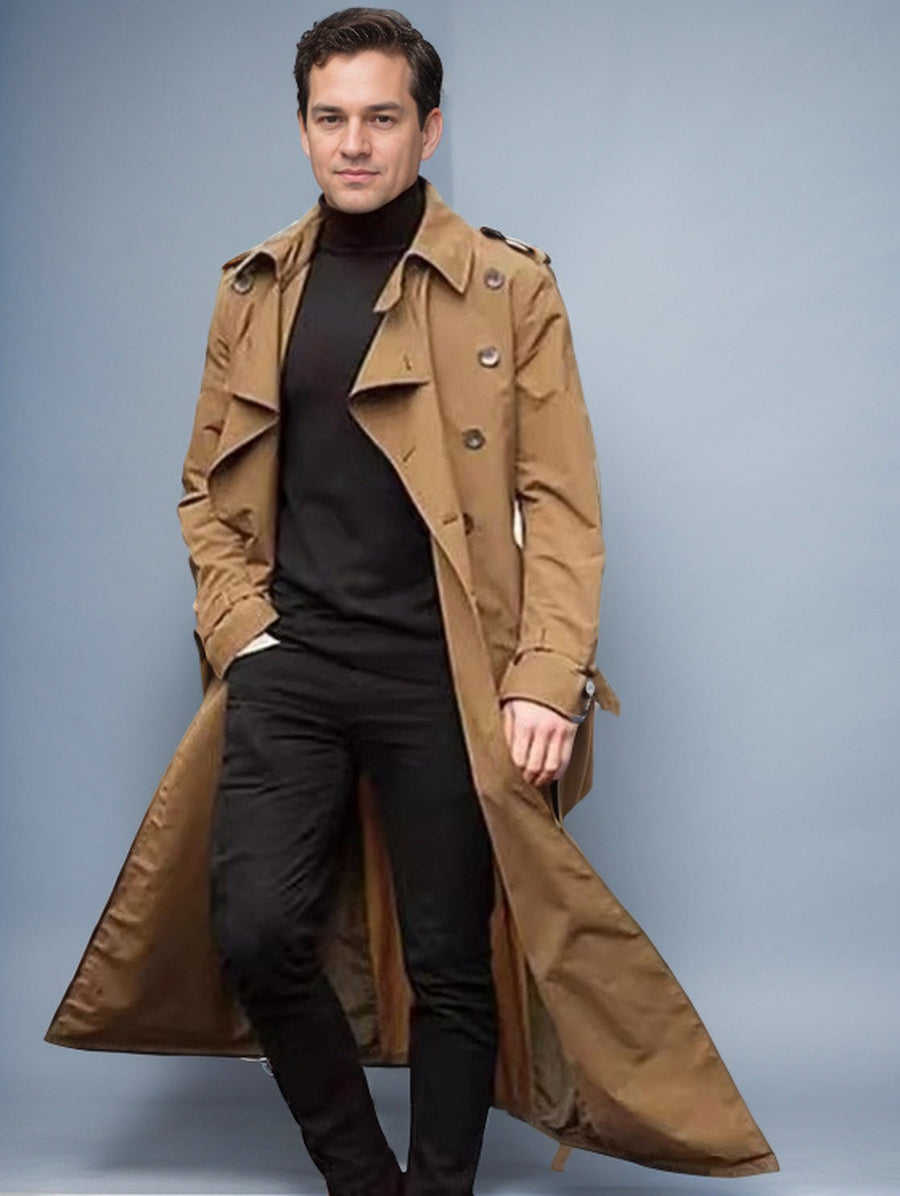 Leander Elegant Trench Coat with Button Front in Khaki