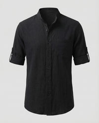 Leander Linen Shirt with Stand Collar in Black