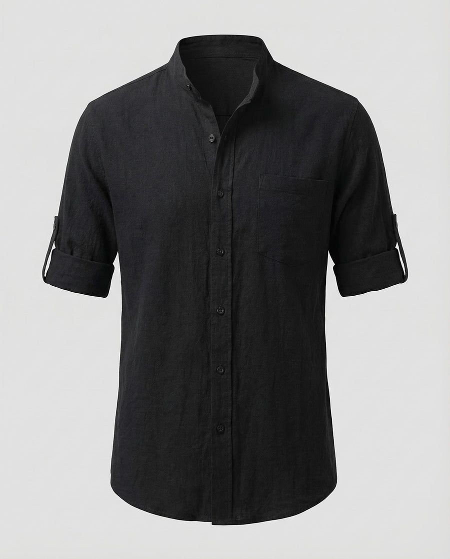 Leander Linen Shirt with Stand Collar in Black