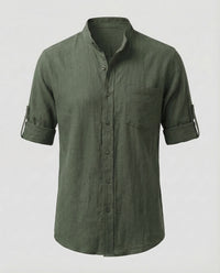 Leander Linen Shirt with Stand Collar in Olive Green
