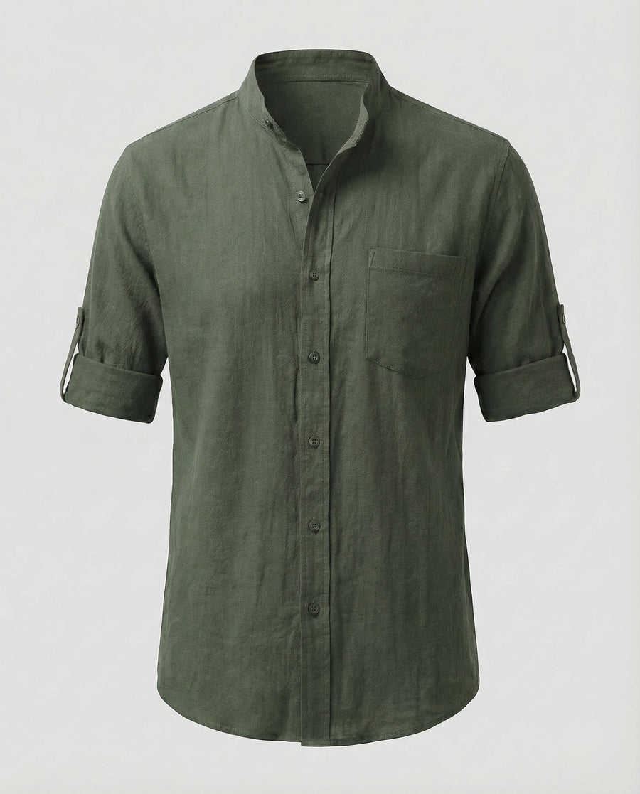 Leander Linen Shirt with Stand Collar in Olive Green