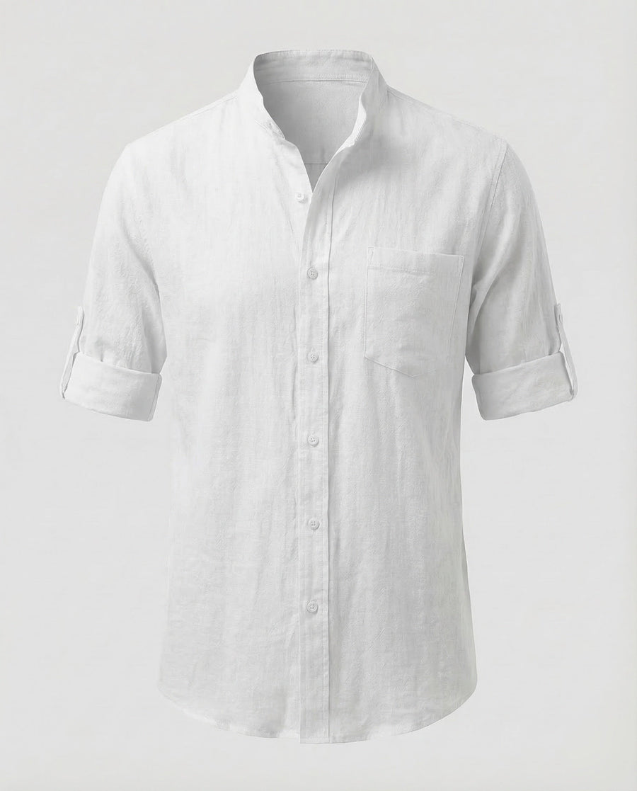 Leander Linen Shirt with Stand Collar in White