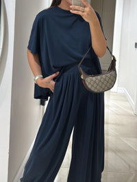 Leanne™ Casual Top & Wide-Leg Pants Set in Navy Blue