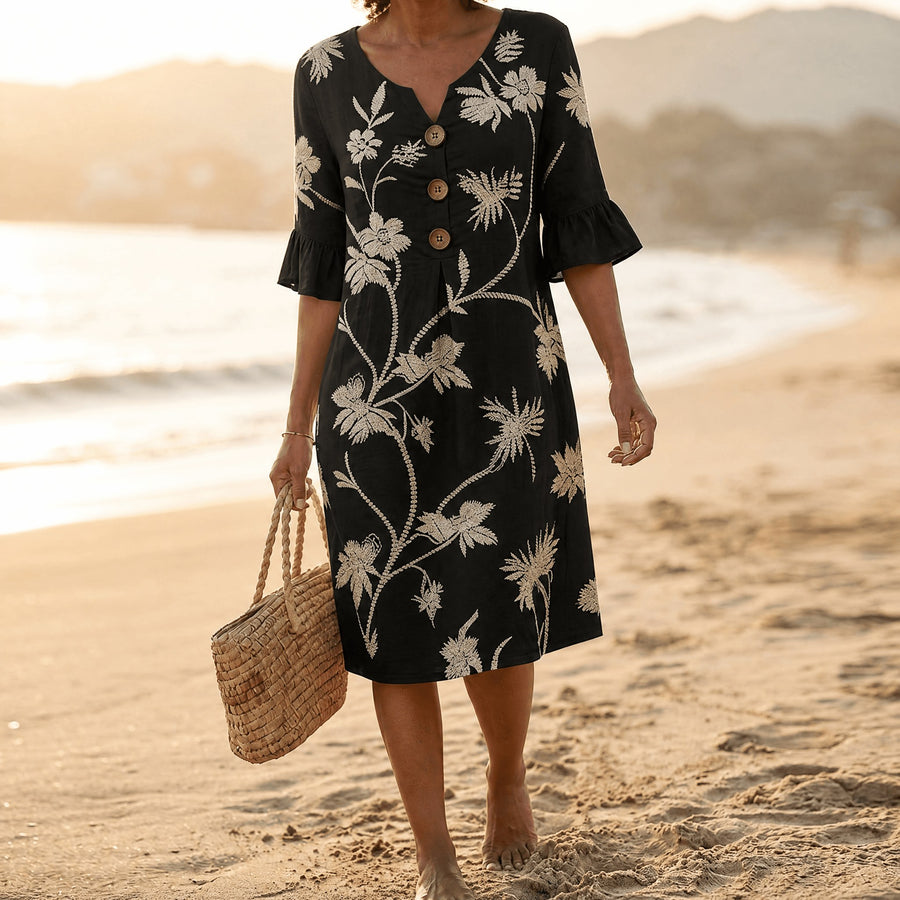Leanora Women's Floral Midi Dress with Flutter Sleeves in Black