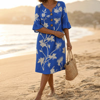 Leanora Women's Floral Midi Dress with Flutter Sleeves in Blue