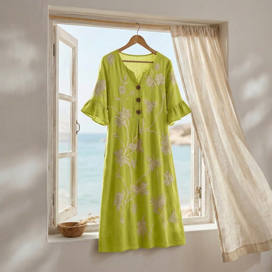 Leanora Women's Floral Midi Dress with Flutter Sleeves in Light blue