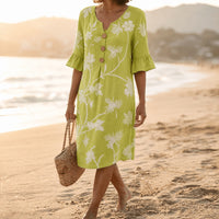 Leanora Women's Floral Midi Dress with Flutter Sleeves in Sage