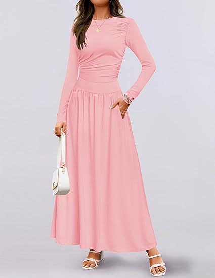 Leila Elegant Maxi Dress with Pockets and Ruffles in Pink