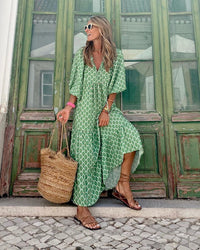 Leila Elegant Summer Dress in Green White