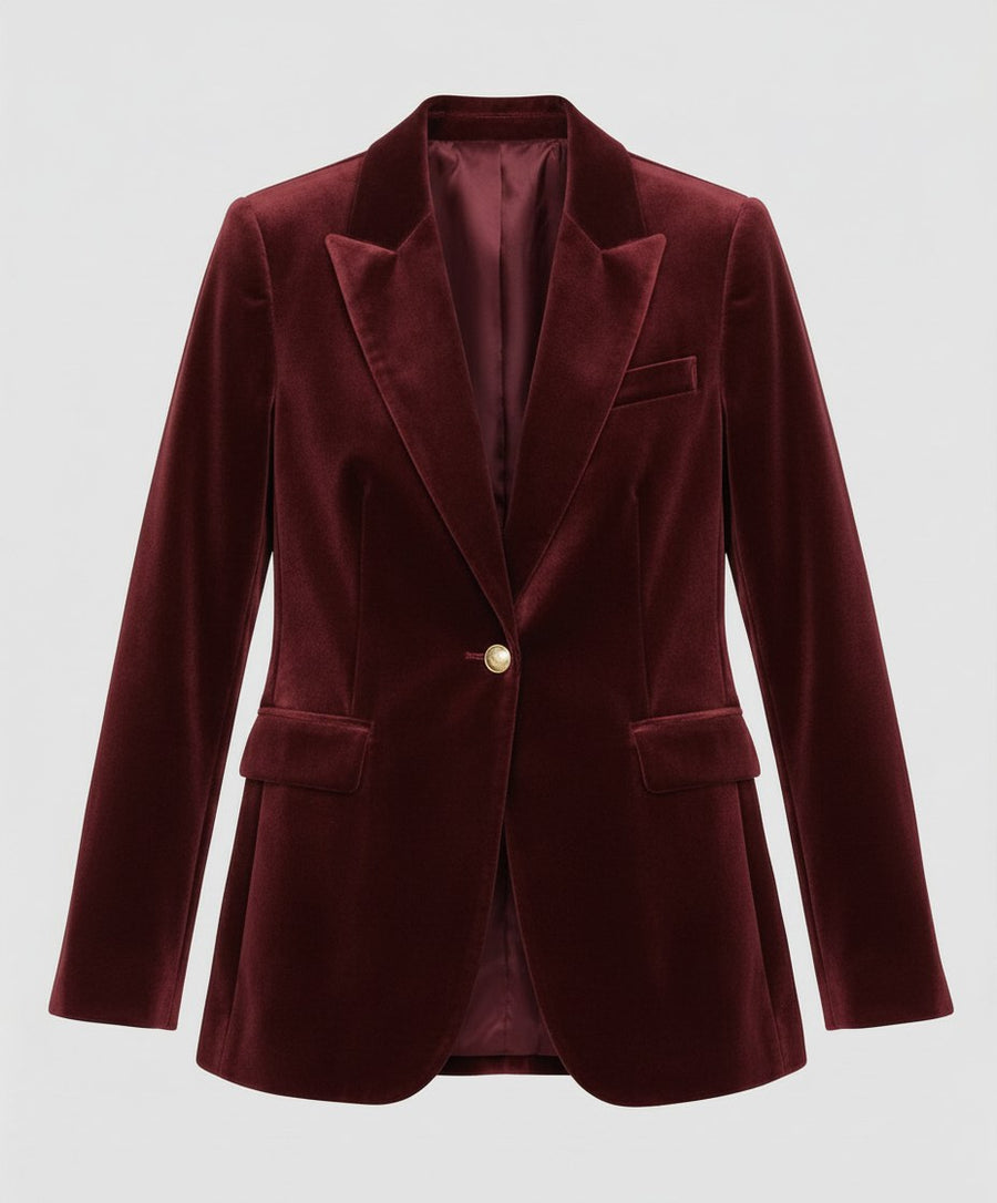 Leila Elegant Velvet Blazer in Wine Red