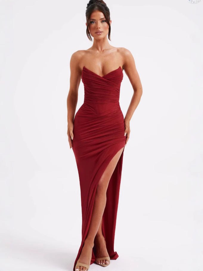 Leila Elegant Wrap Dress with Side Split in Red