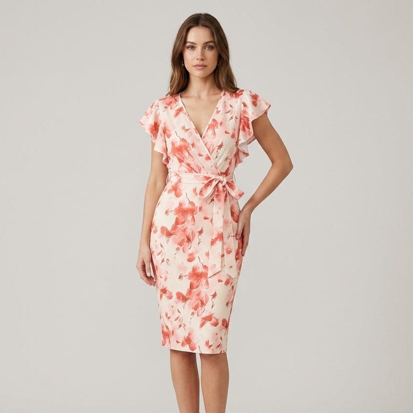 Lena Floral Wrap Midi Dress in Cherry Blossom