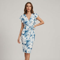 Lena Floral Wrap Midi Dress in Powder Blue