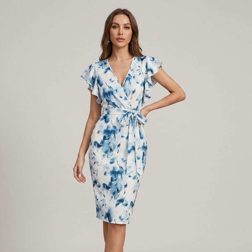 Lena Floral Wrap Midi Dress in Powder Blue