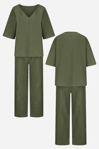 Lena Women's V-Neck Two-Piece Set Short Sleeve Top Straight Pants in Army Green