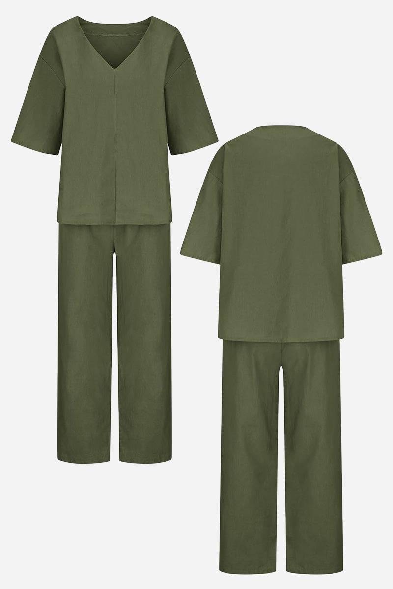 Lena Women's V-Neck Two-Piece Set Short Sleeve Top Straight Pants in Army Green