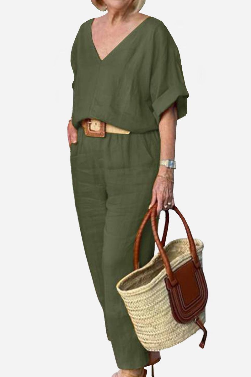 Lena Women's V-Neck Two-Piece Set Short Sleeve Top Straight Pants in Army Green