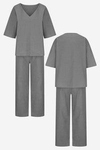 Lena Women's V-Neck Two-Piece Set Short Sleeve Top Straight Pants in Grey