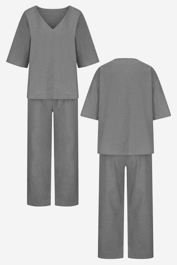 Lena Women's V-Neck Two-Piece Set Short Sleeve Top Straight Pants in Grey
