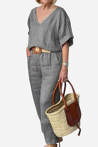 Lena Women's V-Neck Two-Piece Set Short Sleeve Top Straight Pants in Grey