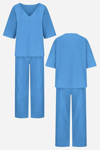 Lena Women's V-Neck Two-Piece Set Short Sleeve Top Straight Pants in Light Blue