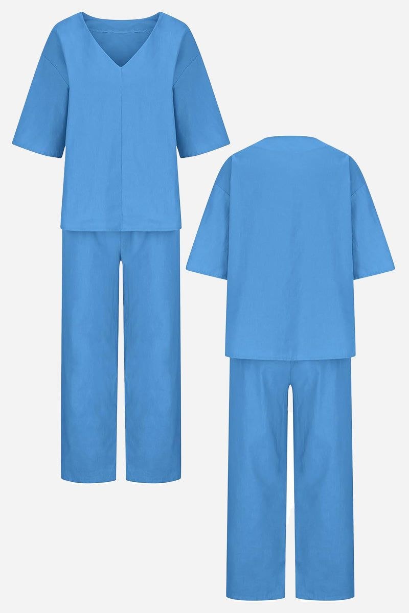 Lena Women's V-Neck Two-Piece Set Short Sleeve Top Straight Pants in Light Blue