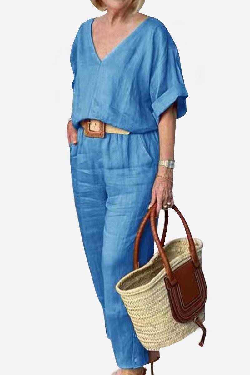 Lena Women's V-Neck Two-Piece Set Short Sleeve Top Straight Pants in Light Blue