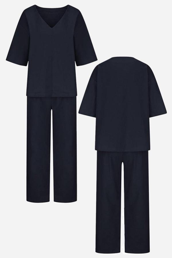 Lena Women's V-Neck Two-Piece Set Short Sleeve Top Straight Pants in Navy Blue