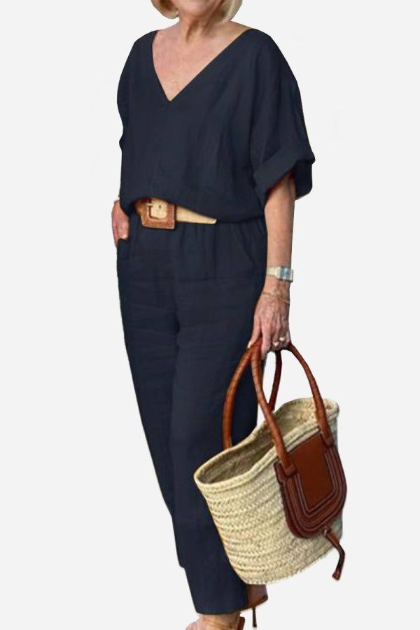 Lena Women's V-Neck Two-Piece Set Short Sleeve Top Straight Pants in Navy Blue