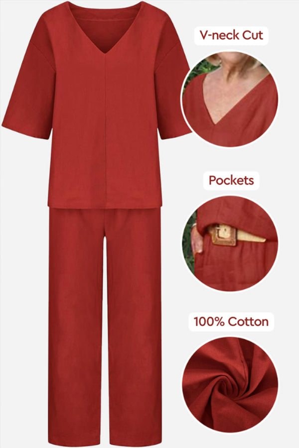 Lena Women's V-Neck Two-Piece Set Short Sleeve Top Straight Pants in Red