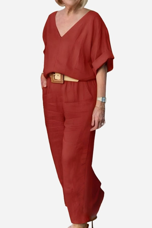 Lena Women's V-Neck Two-Piece Set Short Sleeve Top Straight Pants in Red