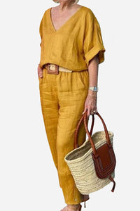 Lena Women's V-Neck Two-Piece Set Short Sleeve Top Straight Pants in Yellow