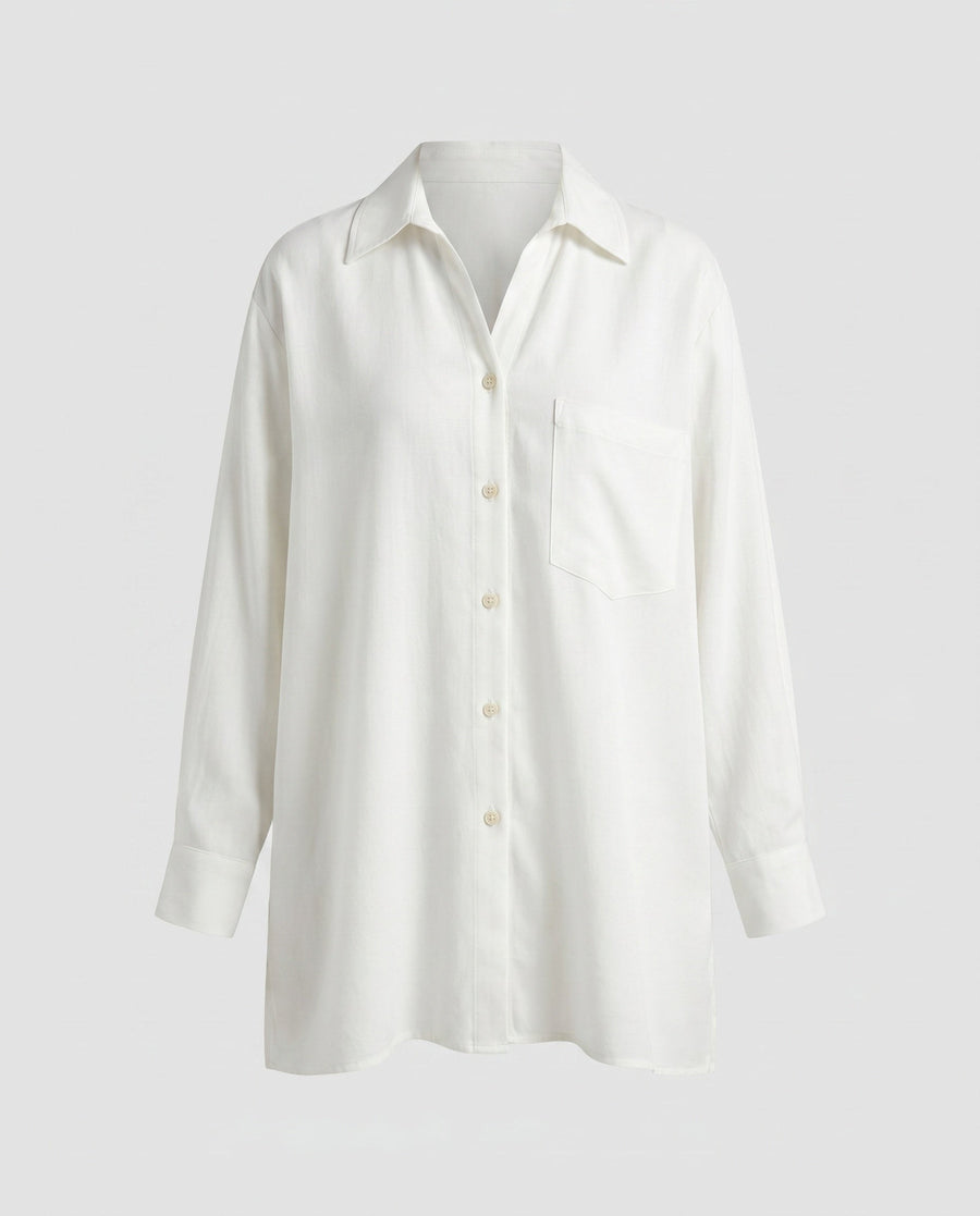 Leonie Elegant Linen Blouse with Chest Pocket in White