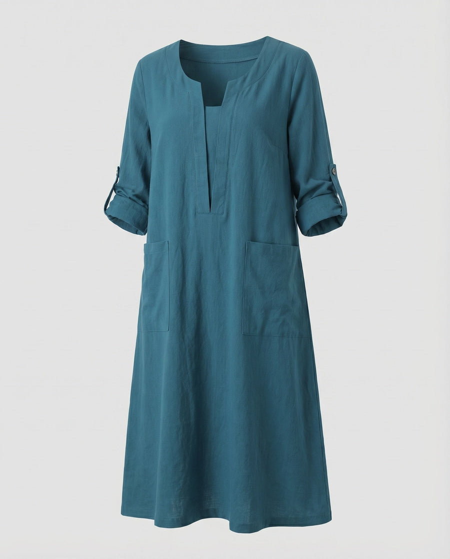 Leonie Linen Dress with V-Neck and Pockets in Blue